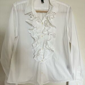 Lauren Ralph Lauren XL White Ruffle Blouse, Long Sleeve, Elegant Button-Up